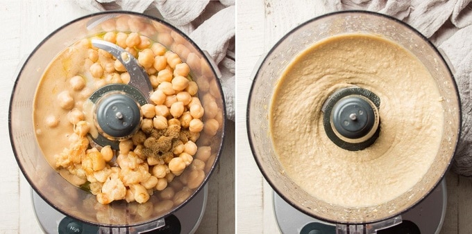 Two Images Showing Roasted Garlic Hummus Ingredients in a Food Processor Bowl Before and After Blending