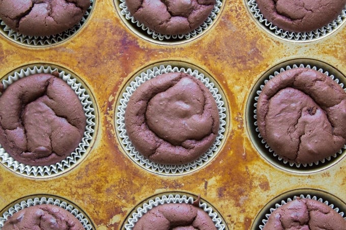 Overhead View of Vegan Chocolate Cupcakes in a Tin Just Out of the Oven