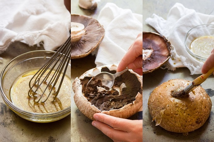 Collage Showing Steps for Making Maple Dijon Portobello Burgers: Whisk Sauce Ingredients Together in a Bowl, Scrape Gills From Portobello Mushrooms, and Brush Sauce on Mushrooms