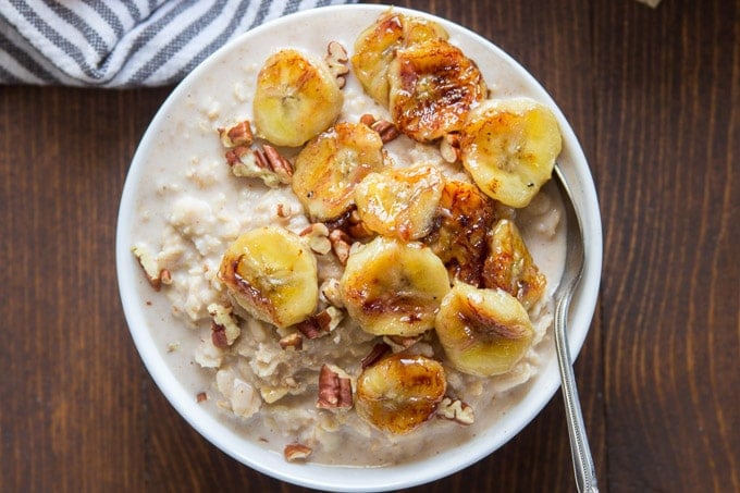 A Bowl of Caramelized Banana Oatmeal with Pecans