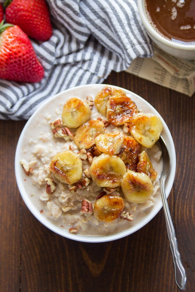 A Bowl of Caramelized Banana Oatmeal with Spoon
