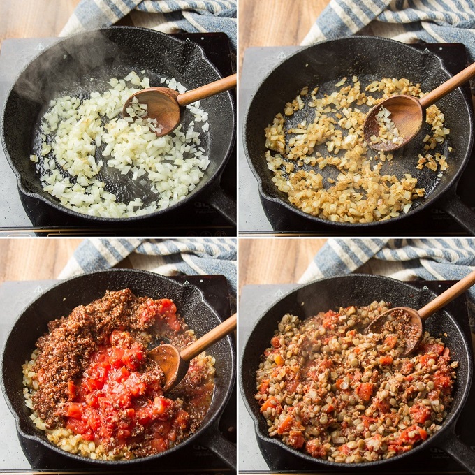 Collage Showing Steps for Cooking Lentil Quinoa Taco Meat: Sweat Onion, Add Spices, Add Tomato and Quinoa, and Add Lentils