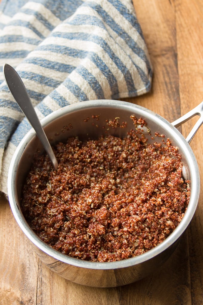 Saucepan Filled with Cooked Red Quinoa