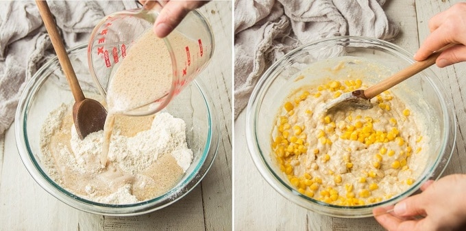 Two Images Showing Third and Fourth Steps for Making Vegan Corn Muffins: Add Wet Ingredients to Dry, and Stir in Corm