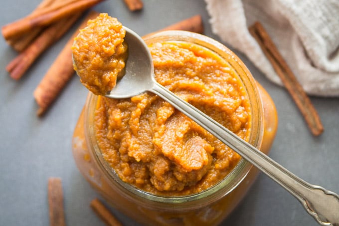 Close Up of a Jar of Pumpkin Butter with a Spoon Resting on Top