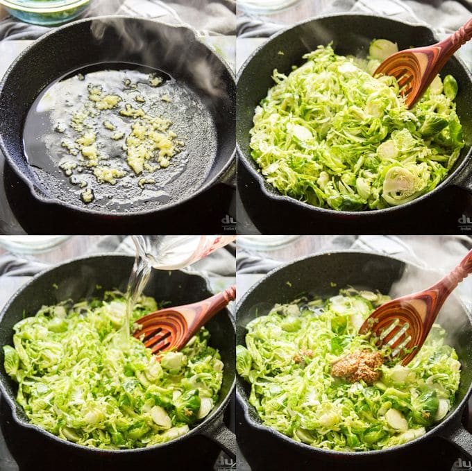 Collage Showing the Steps for Making Dijon Brussels Sprouts: Sauté Garlic, Add Brussels Sprouts, Simmer with White Wine, and Stir in Dijon Mustard