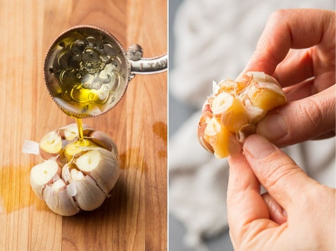 Collage Showing Steps for Roasting Garlic: Drizzle with Oil, and Squeeze Garlic to Extract Cloves After Roasting