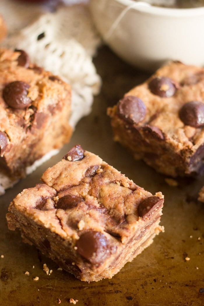 Close Up of Three Chocolate Chunk Cookie Butter Blondies