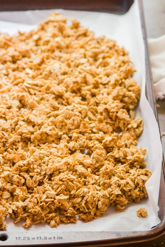 Peanut Butter Granola on a Baking Sheet Right After Coming Out of the Oven