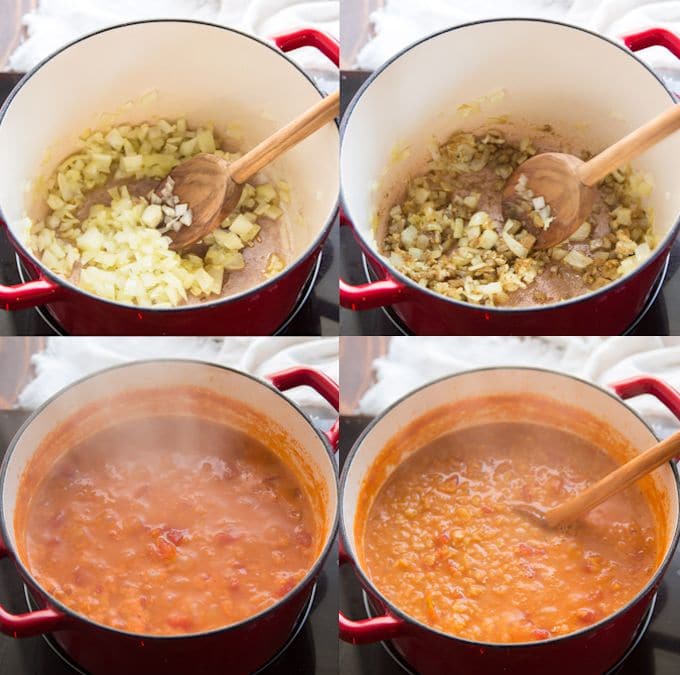 Collage de pasos para hacer una sopa mediterránea de lentejas rojas: sofreír la cebolla, agregar especias, agregar tomates, lentejas y caldo y cocinar a fuego lento
