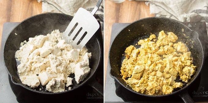 Collage Showing Steps for Making Tofu Scramble: Scramble Tofu in a Skillet and Add Seasonings