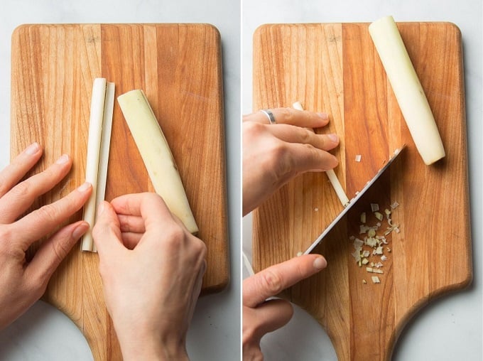 Side By Side Images Showing Hands Prepping Lemongrass on a Cutting Board