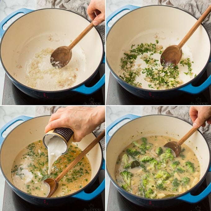 Collage Showing Process for Making Thai Coconut Soup: Cook Shallots, Add Thai Ginger, Cilantro, and Garlic, Add Coconut Milk, Broth, Lemongrass and Lime Leaves, and Add Broccoli