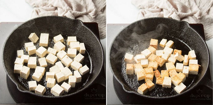 Side-By-Side Images Showing Stages of Tofu Cooking in a Skillet
