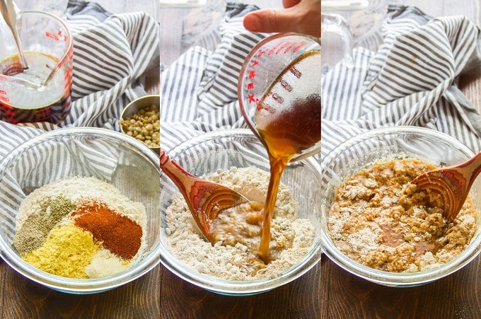 Collage Showing Steps for Making Vegan Breakfast Sausage Dough: Mix Dry Ingredients, Add Lentils and Wet Ingredients, and Mix