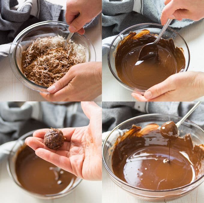 Collage Showing Steps for Making Vegan Truffles: Mix Filling Ingredients, Melt Chocolate, Roll Filling into Balls, and Dip Balls in Chocolate