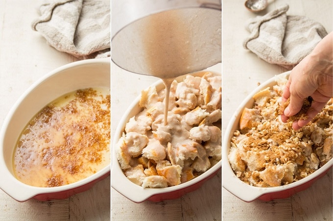 Collage Showing 3 Steps for Assembling Vegan French Toast Casserole: Place Melted Butter and Brown Sugar in Casserole Dish, Add Bread and Batter, and Top with Walnuts and Brown Sugar