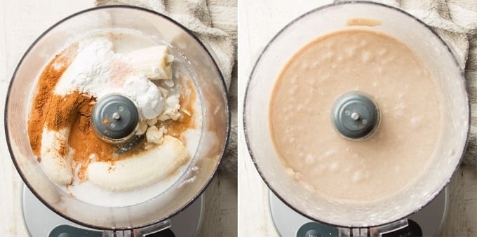 Side By Side Images Showing Vegan French Toast Casserole Batter Before and After Blending in a Food Processor Bowl