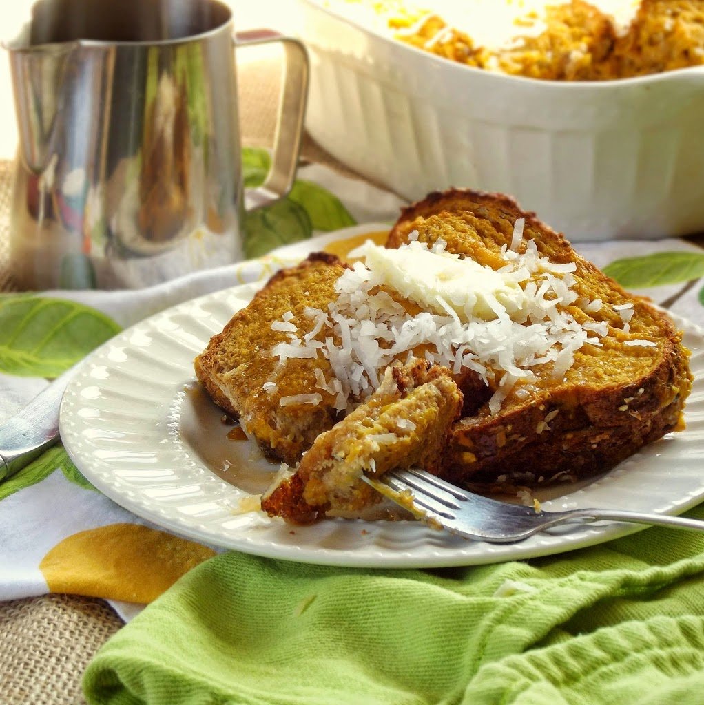 Vegan Mango French Toast on a Plate with Fork, Baking Dish in the Background