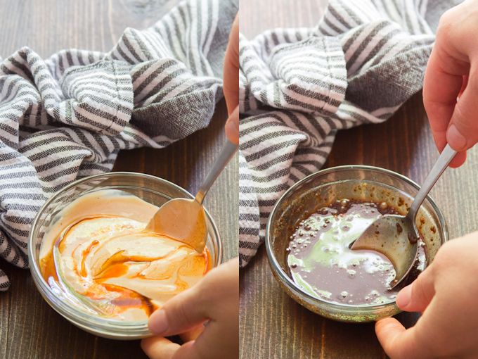 Collage Showing Side By Side Images of Vegan Reuben Sandwich Sauce and Dressing Being Mixed in Bowls 