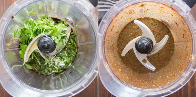 Side By Side Images Showing Ingredients for Balsamic Vinaigrette in a Blender Before and After Blending