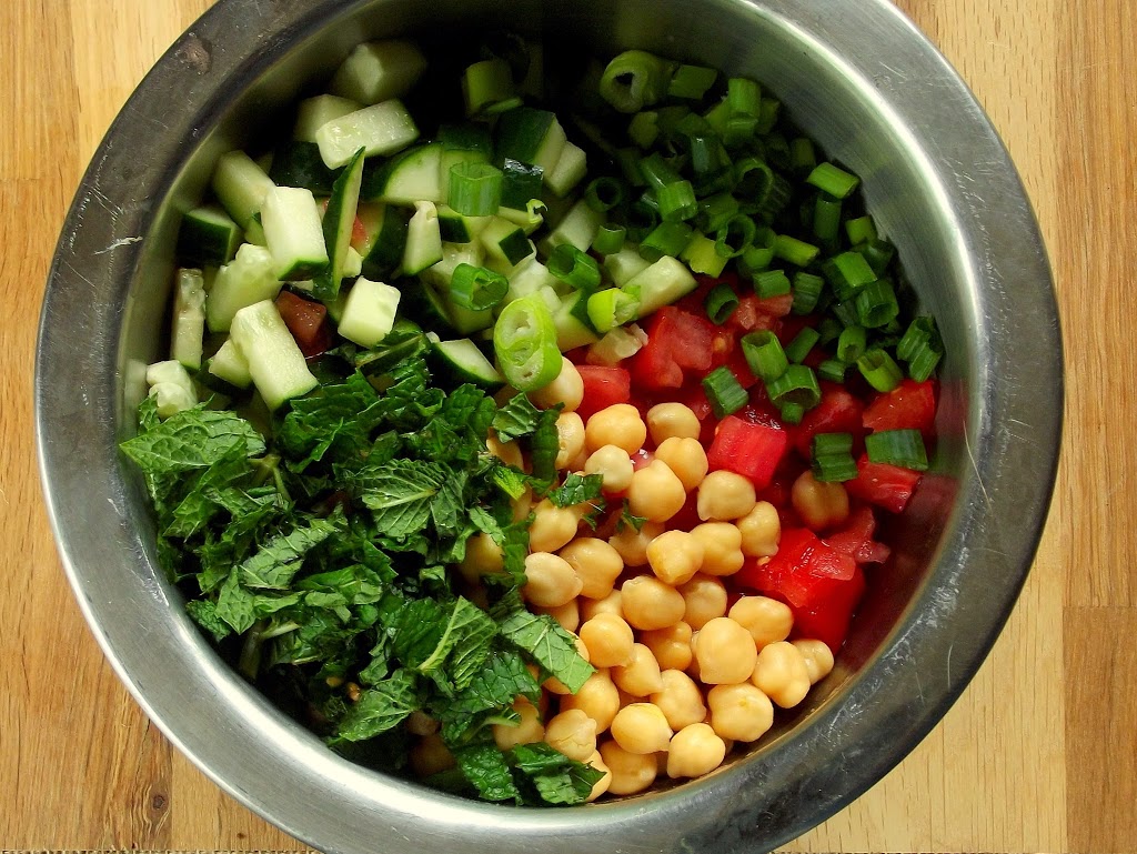 Ingredients for Fattoush in a Metal Mixing Bowl