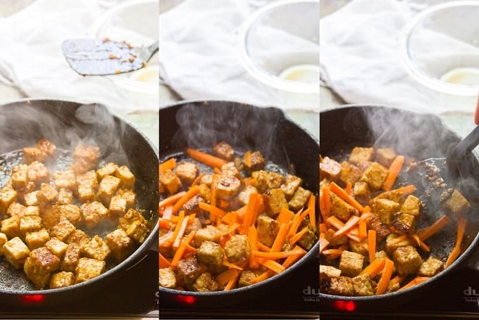 Collage Showing Steps for Cooking Tempeh for Ginger Sesame Tempeh Vegan Lettuce Wraps: Pan Fry Tempeh, Add Carrots, and Stir-Fry Tempeh and Carrots