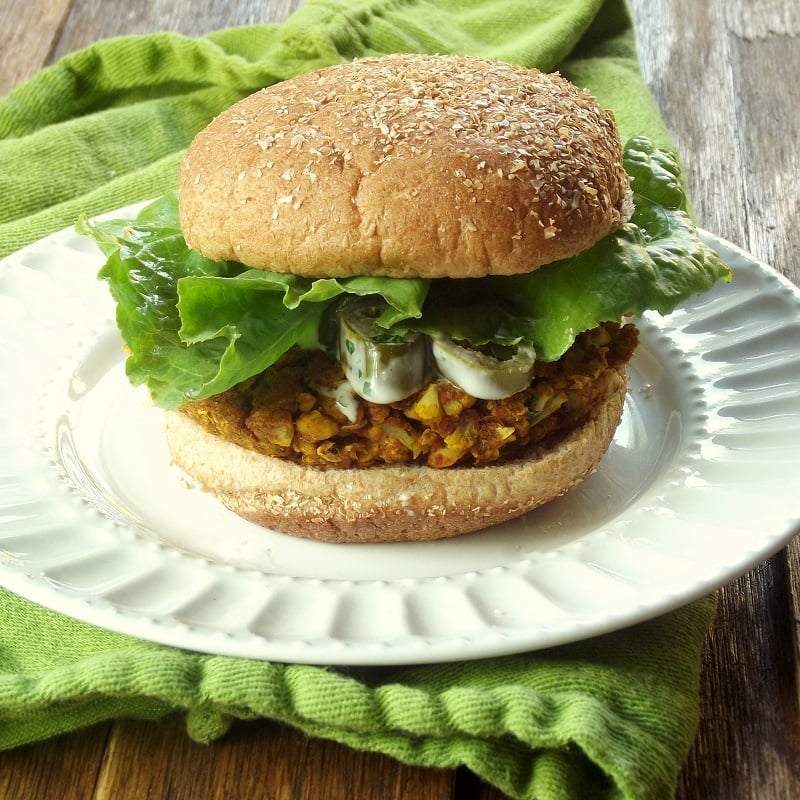 Close Up of a Cauliflower Chickpea Masala Burger on a Plate