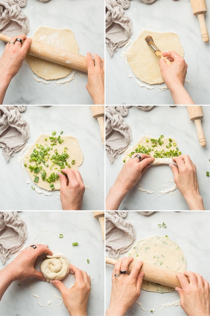 Collage Showing the Steps for Rolling Scallion Pancakes: Roll Dough, Brush with Oil, Sprinkle with Scallions, Roll into a Snake, Coil, and Roll to Flatten