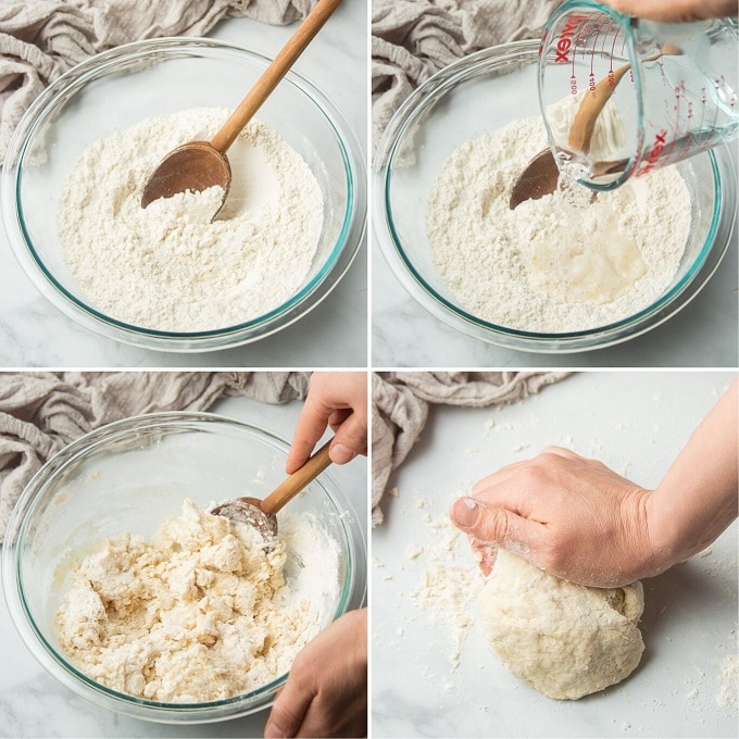 Collage Showing Steps for Making Scallion Pancake Dough: Mix Dry Ingredients, Add Wet, Stir, and Knead the Dough