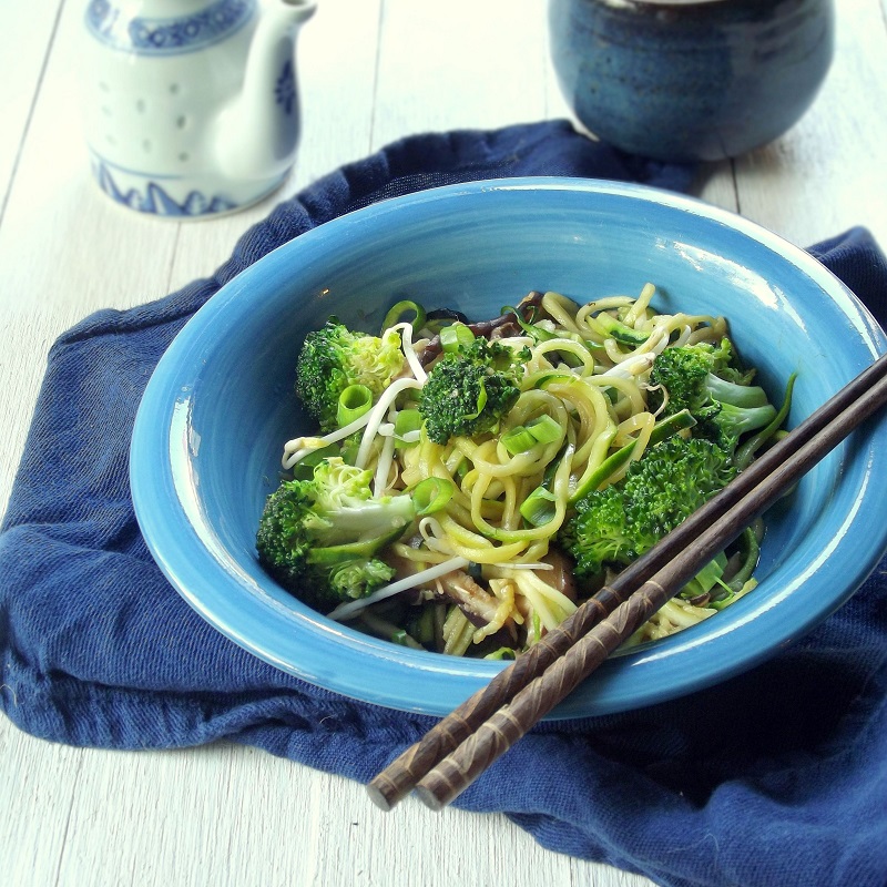 Bowl of Zucchini Noodle Lo Mein with Chopsticks