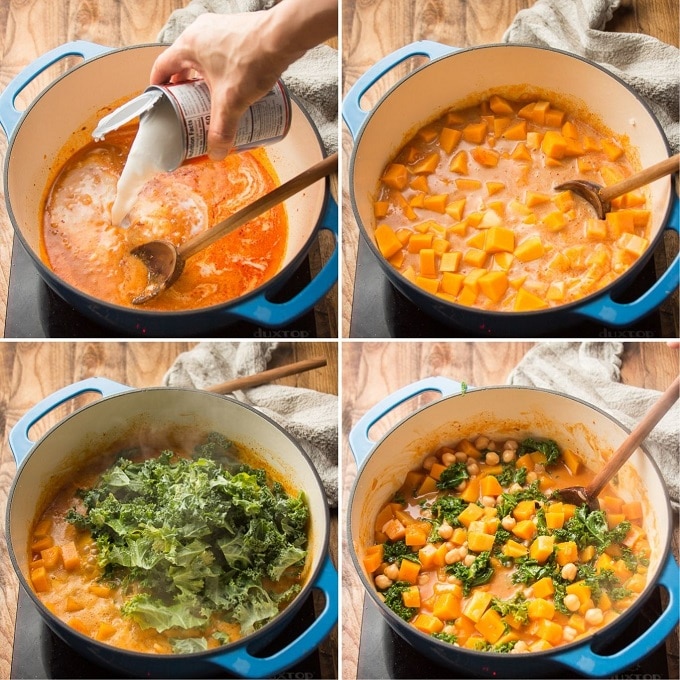 Collage Showing Steps 3-6 for Making Butternut Squash Curry: Add Coconut Milk and Butternut Squash, Simmer, Add Kale and Simmer