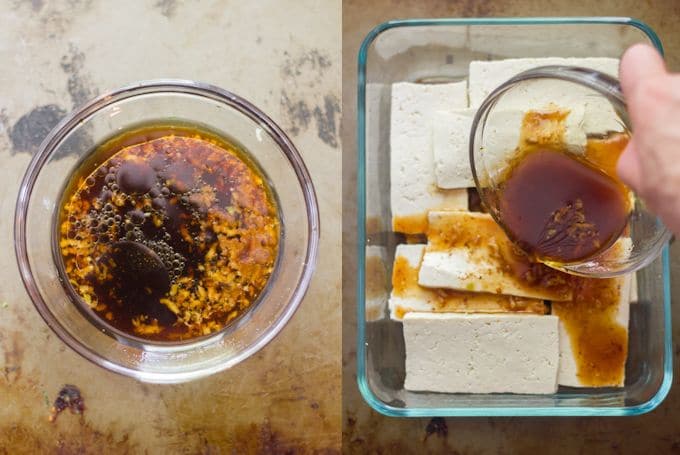 Collage Showing Steps for Marinating Tofu: Mix Marinade and Pour Over Pressed Tofu