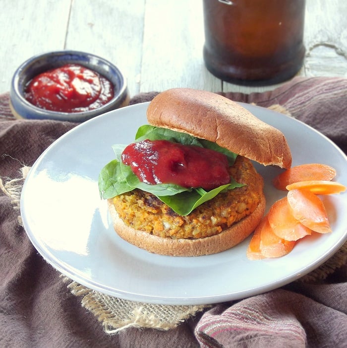 Walnut Carrot Burgers with Spicy Maple Ketchup