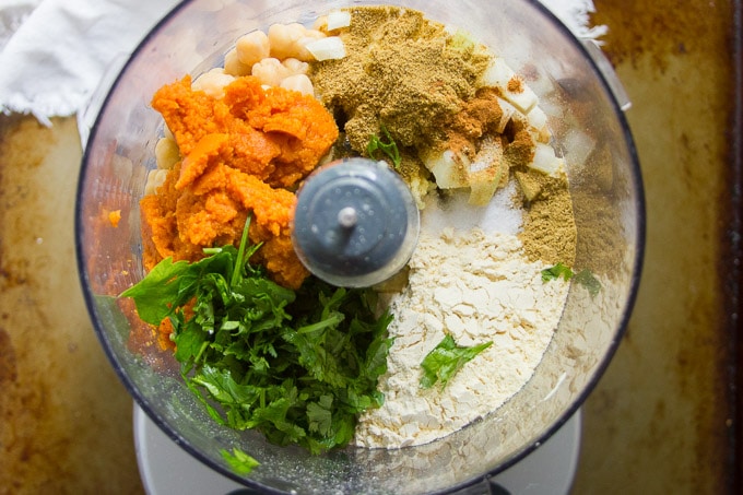 Food Processor Bowl Filled with Ingredients for Making Pumpkin Falafel