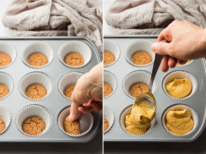 Collage Showing Assembly Steps for Making Mini Vegan Pumpkin Cheesecakes: Place Cookies in Muffin Tins, Spoon Batter Into Muffin Tins
