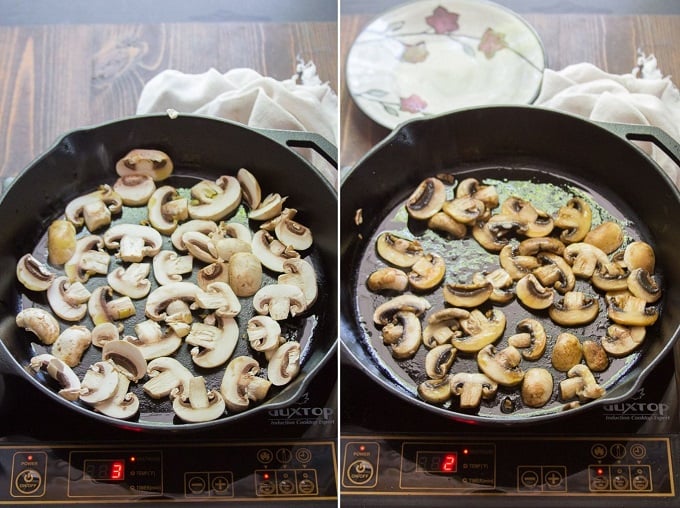 Collage Showing Two Stages of Sauting Mushrooms