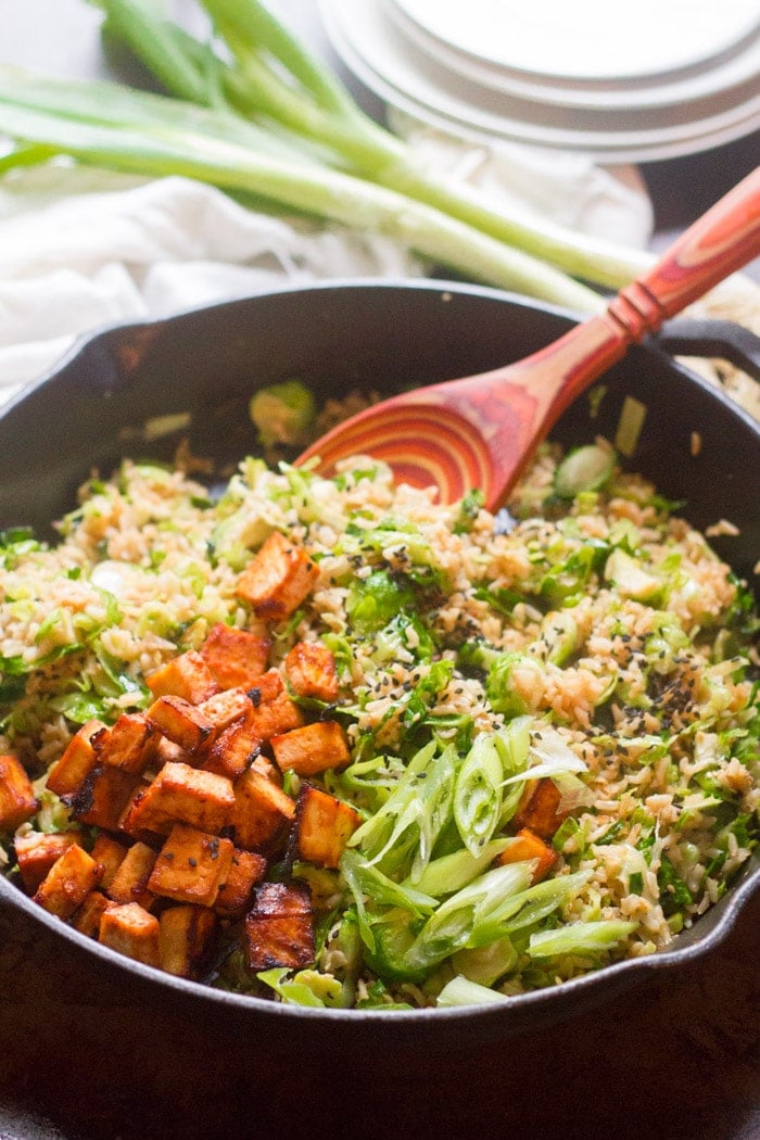 Brussels Sprout Fried Rice with Spicy Baked Tofu in a Cast Iron Skillet