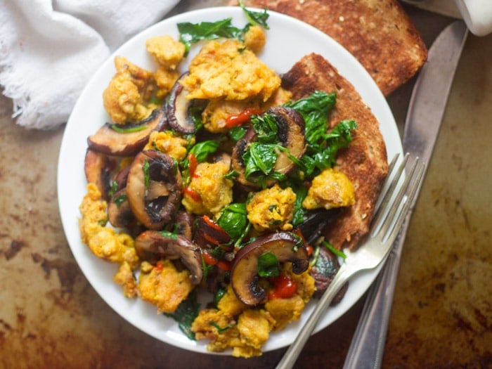 Overhead View of a Plate of Spinach & Mushroom Chickpea Scramble