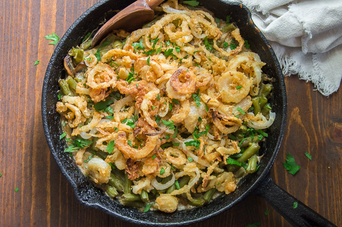 Vegan Green Bean Casserole in a Cast Iron Skillet