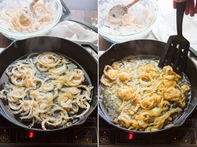 Collage Showing Two Stages of Frying French Fried Onions