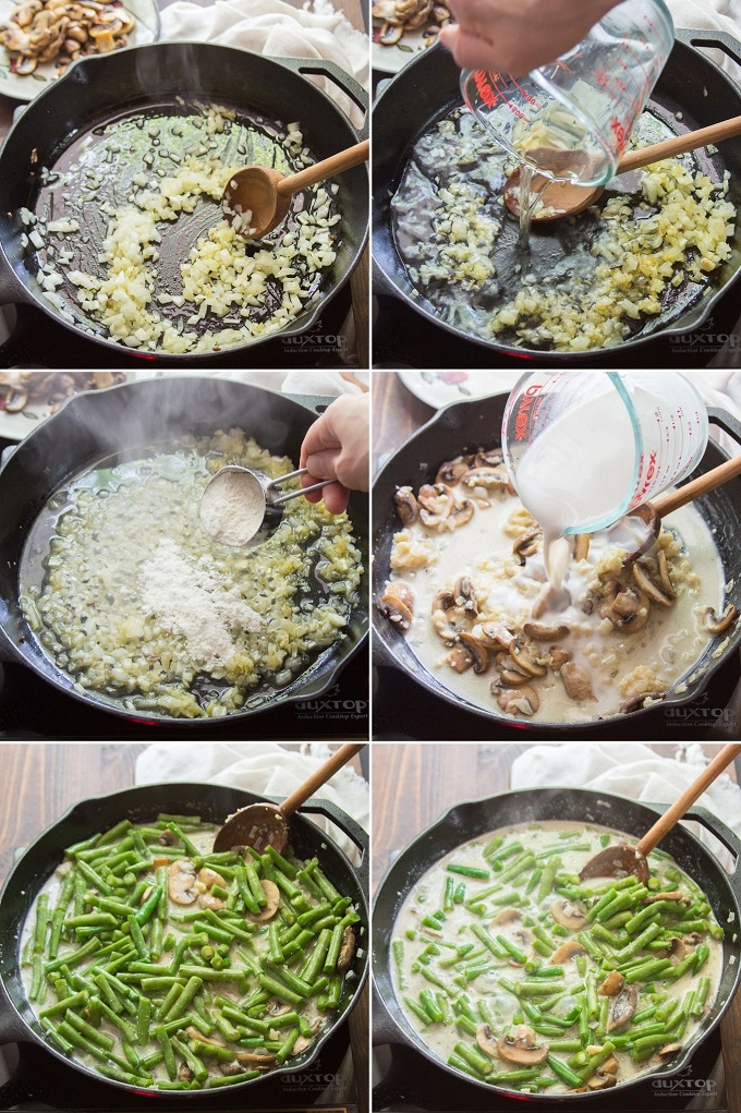 Collage Showing Steps for Making Vegan Green Bean Casserole: Sauté Onion, Add Wine, Add Flour, Add Non-Dairy Milk, Add Green Beans, and Simmer