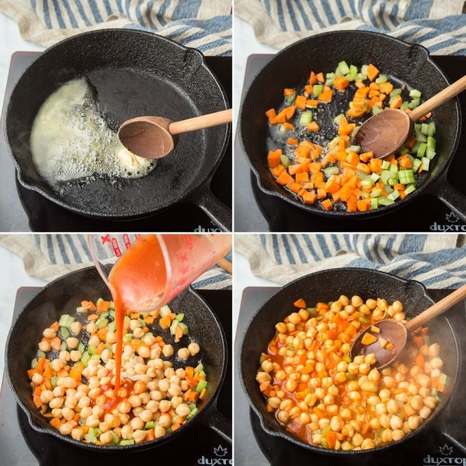 Collage Showing Steps for Making Buffalo Chickpea Filling: Melt Vegan Butter, Sauté Carrots and Celery, Add Chickpeas and Sauce, and Simmer