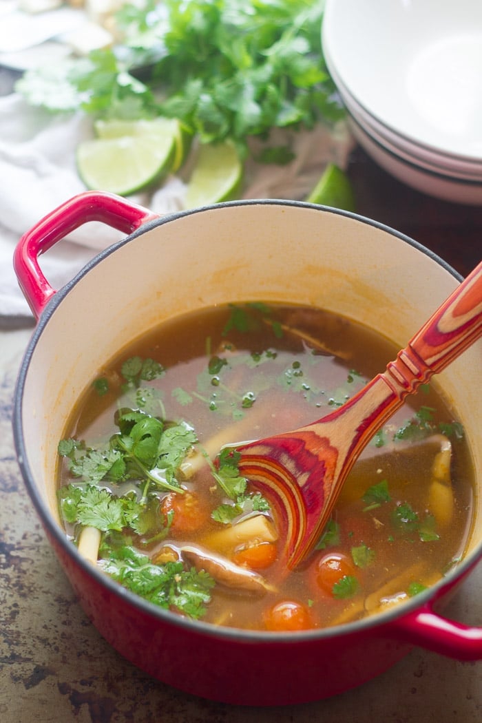 Pot of Thai Lemongrass Soup with Wooden Spoon
