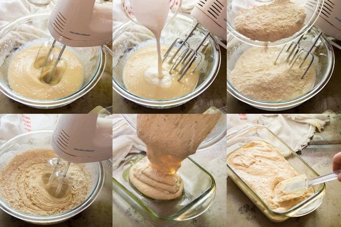 Collage Showing Steps for Making Rosemary Lemon Vegan Pound Cake: Beat Liquid Ingredients, Add Coconut Milk, Add Dry Ingredients, Mix Well, Pour into Cake Pan, and Smooth Out the Top with Spatula