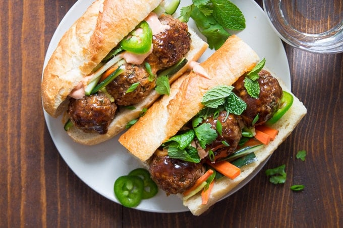 Overhead View of a Vegan Meatball Banh Mi on a Plate