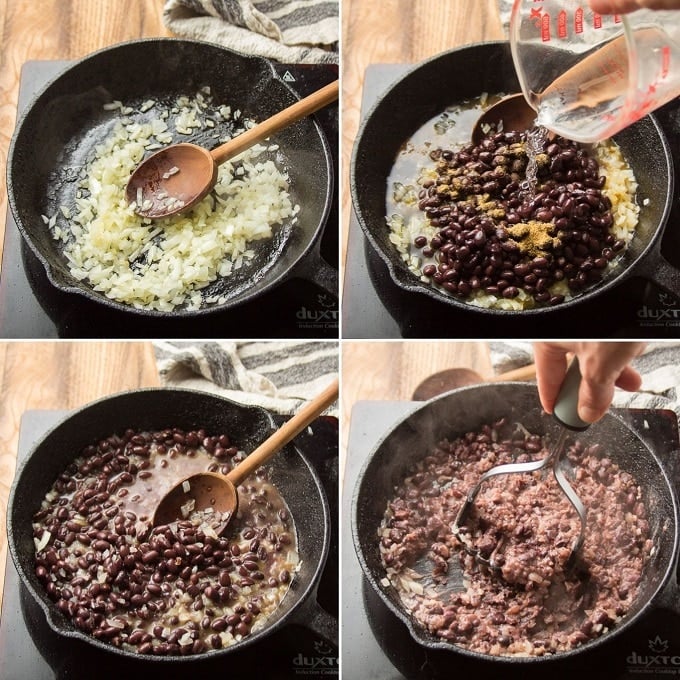 Collage Showing Four Stages of Cooking Refried Black Beans: Sweat Onion, Add Beans and Water, Simmer, and Mash