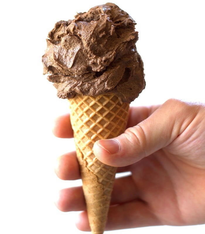 Hand Holding a Vegan Chocolate Ice Cream Cone in Front of a White Background