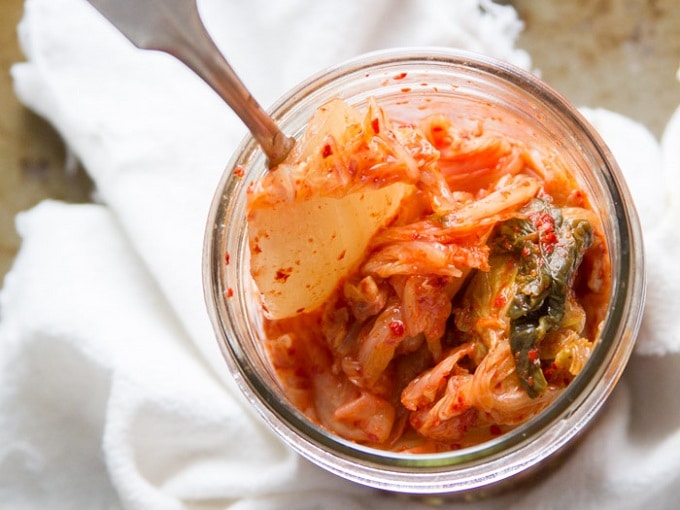 Top View of an Open Jar of Kimchi
