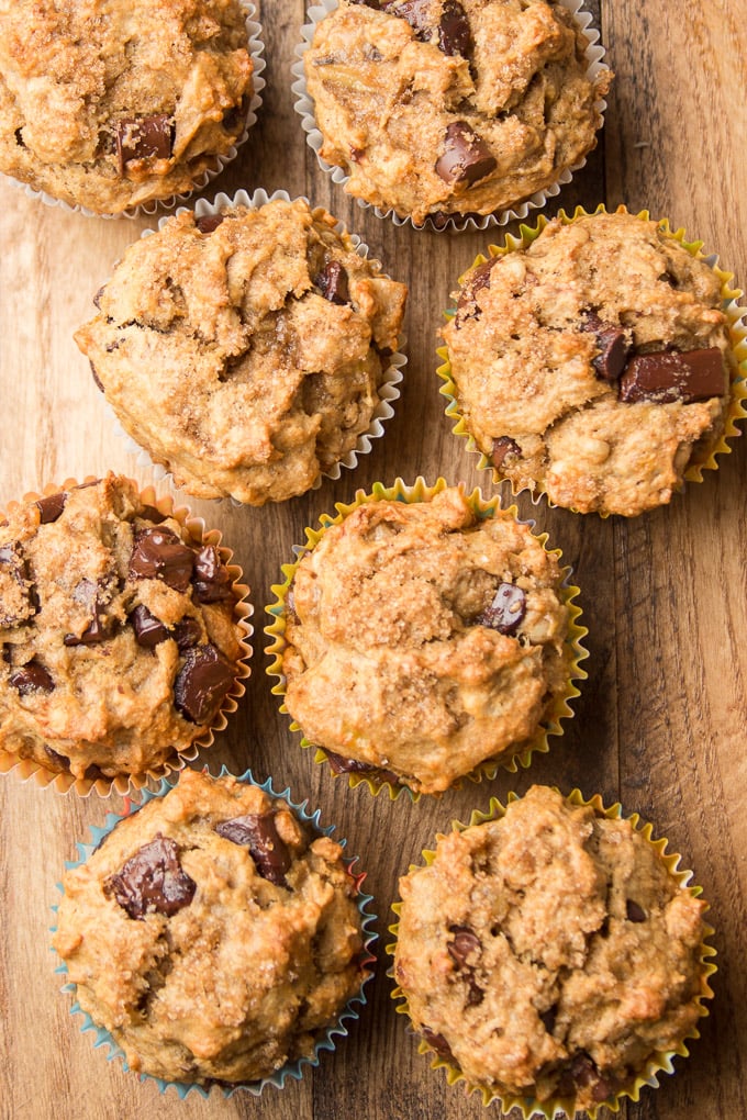 Vegan Banana Muffins Arranged in Rows on a Wood Surface